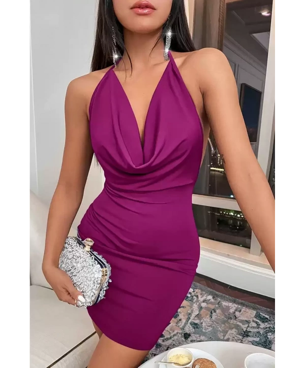 Fuşya Sırt Dekolteli Mini Elbise