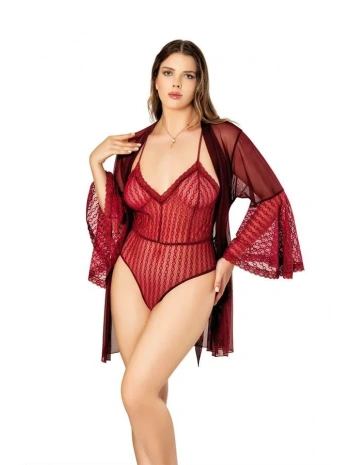 Bordo Sırt Detaylı Fantezi Tül Gecelik Body