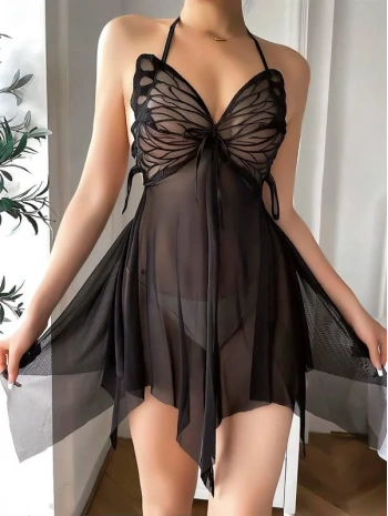 Morliva Göğüs Kelebek Detaylı Fantezi Tül Siyah Gecelik