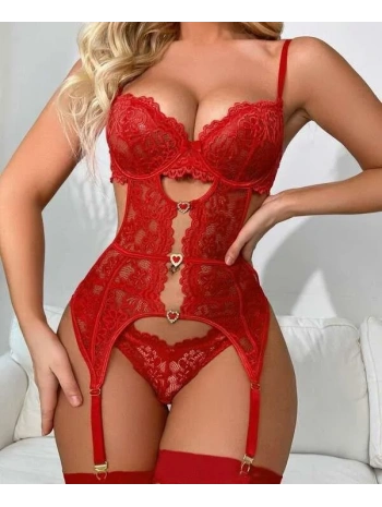 Kalp Aksesuarlı Dantelli Fantezi Kırmızı Jartiyer Takım
