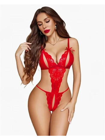 Morliva Özel Bölgesi Açık Göğüs Detaylı Kırmızı Fantezi Body